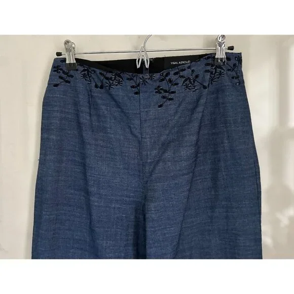 Yigal Azrouel Pants Lightweight Eyelet Trousers Blue Black Embroidery Size 6